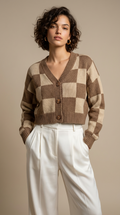 Cardigan Tejido Cuadros Tierra