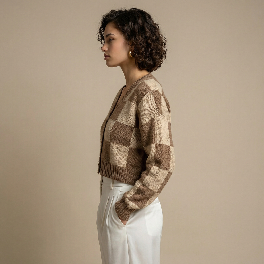 Cardigan Tejido Cuadros Tierra