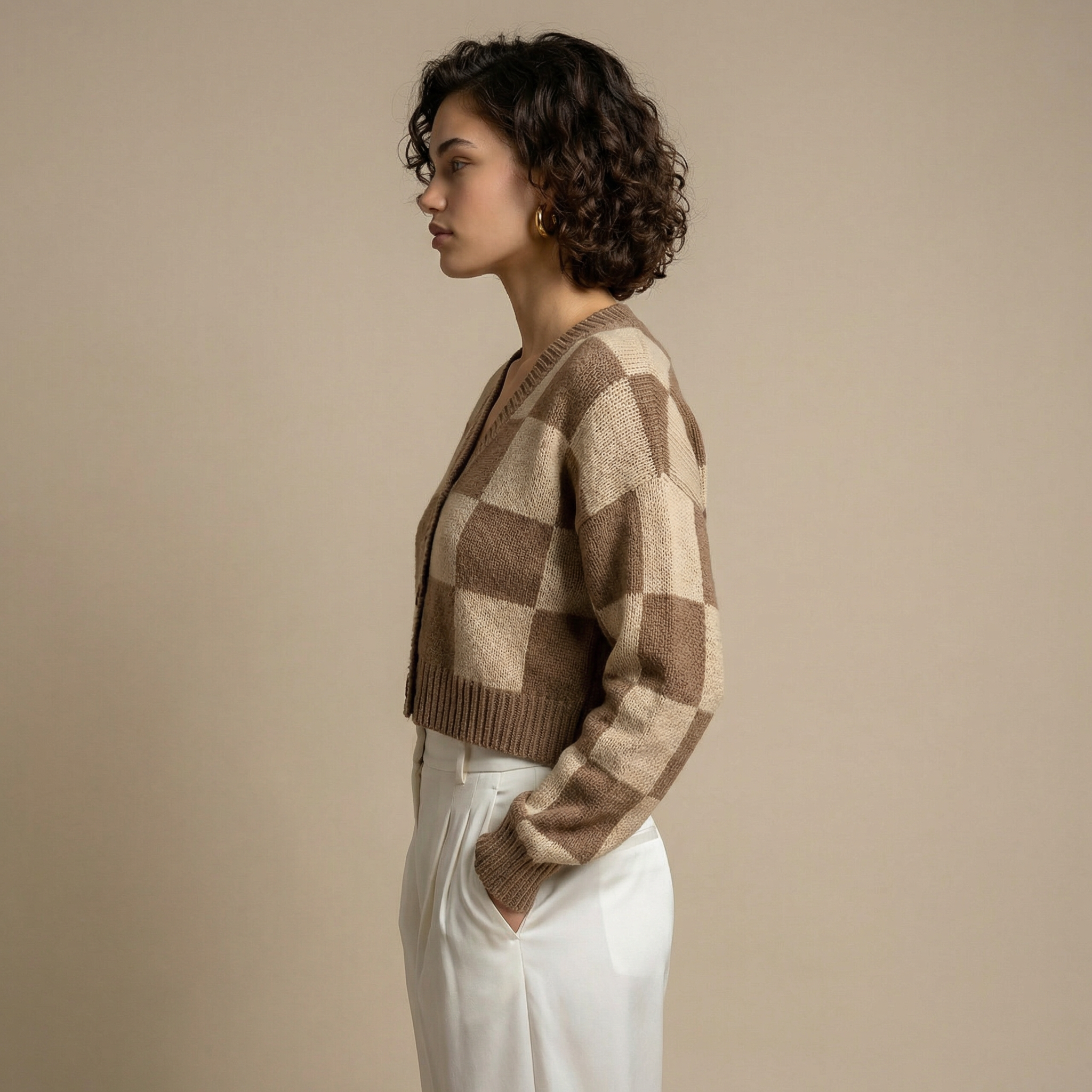 Cardigan Tejido Cuadros Tierra